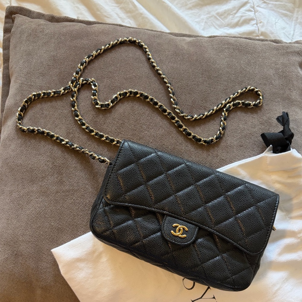 CHANEL Black Quilted Caviar Phone Holder with Chain